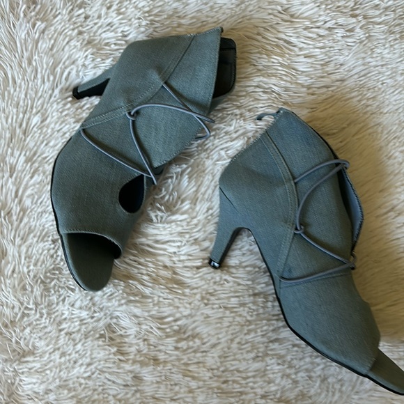 New fabric denim peep elastic crisscross kitten heel casual booties shoe Sz 7.5M - Picture 1 of 13